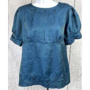 Fashion Spy Large Short Sleeve Teal Button Back Shirt Embroidered Accents